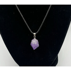 Raw Cut Amethyst Gemstone Point Pendant Necklace Purple Crystal Black Cord 18"
